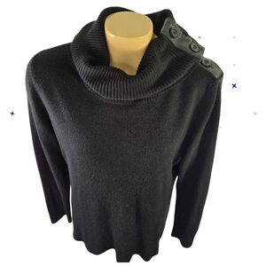 VINTAGE SUZIE Cowl Neck Faux Leather Button Collar Sweater Soft Black‎ X Large